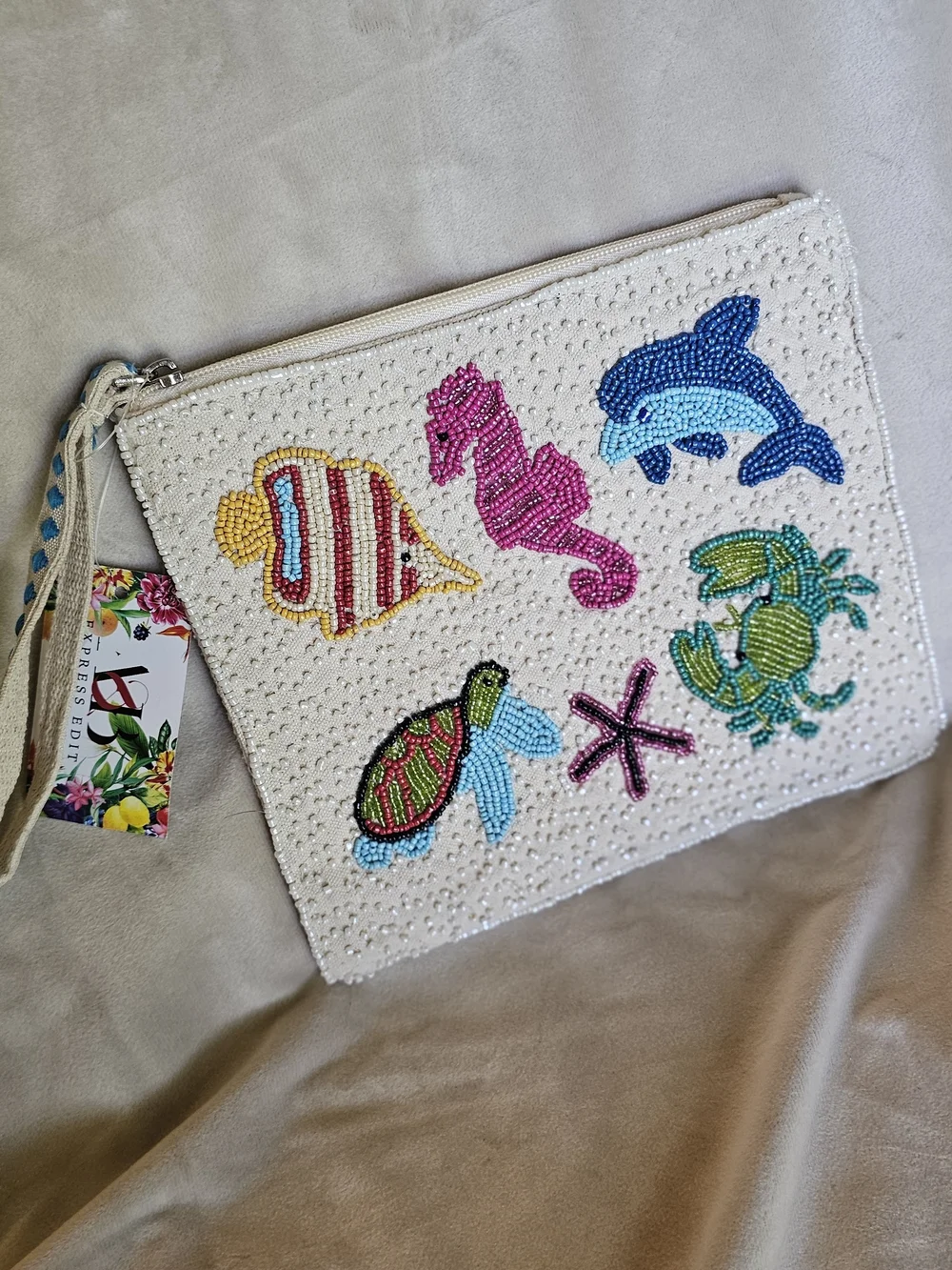 White Beaded Ocean Motif Wristlet Clutch